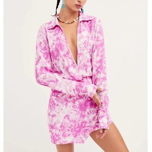 For Love & Lemons NWT Small Pink Tie Dye Devon Shirt Mini Dress Party Cocktail